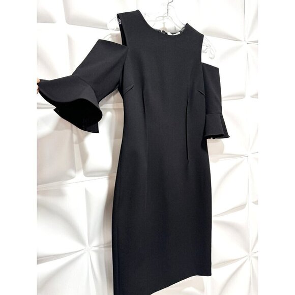 Rickie Freeman Teri Jon Sz 4 Black Cold Shoulder Ruffle Sleeve Sheath Midi Dress - Picture 1 of 6